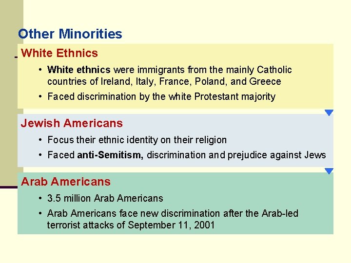 Other Minorities White Ethnics • White ethnics were immigrants from the mainly Catholic countries