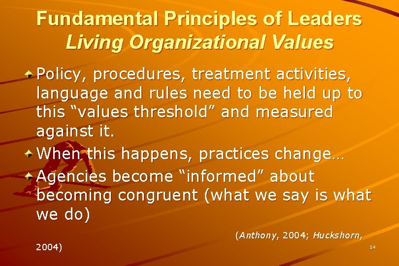 Fundamental Principles of Leaders Living Organizational Values Policy, procedures, treatment activities, language and rules