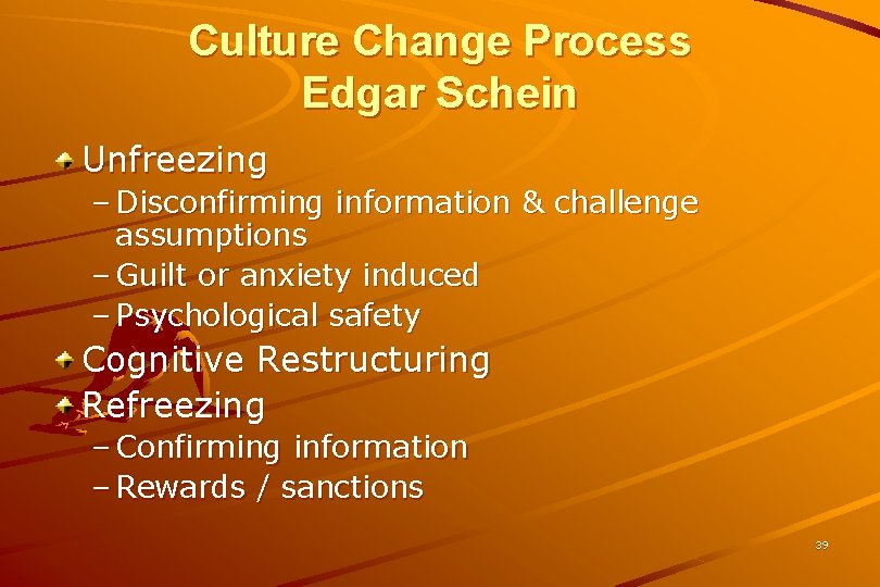 Culture Change Process Edgar Schein Unfreezing – Disconfirming information & challenge assumptions – Guilt