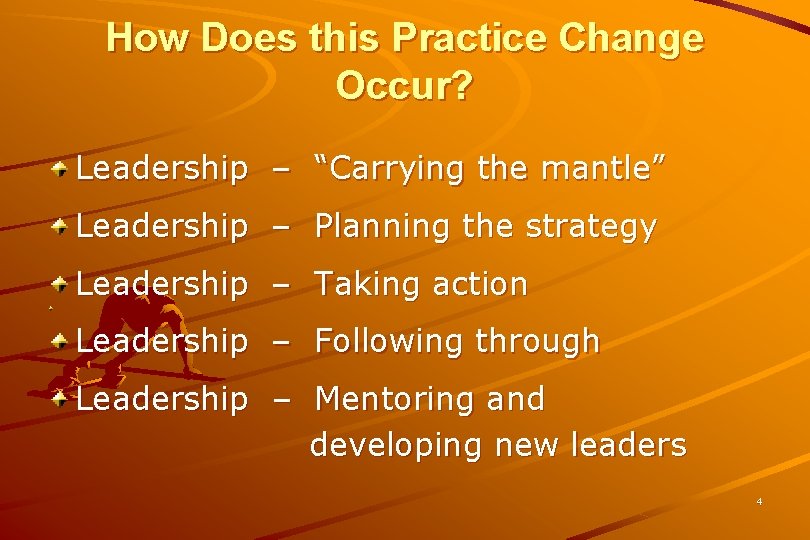 How Does this Practice Change Occur? Leadership – “Carrying the mantle” Leadership – Planning