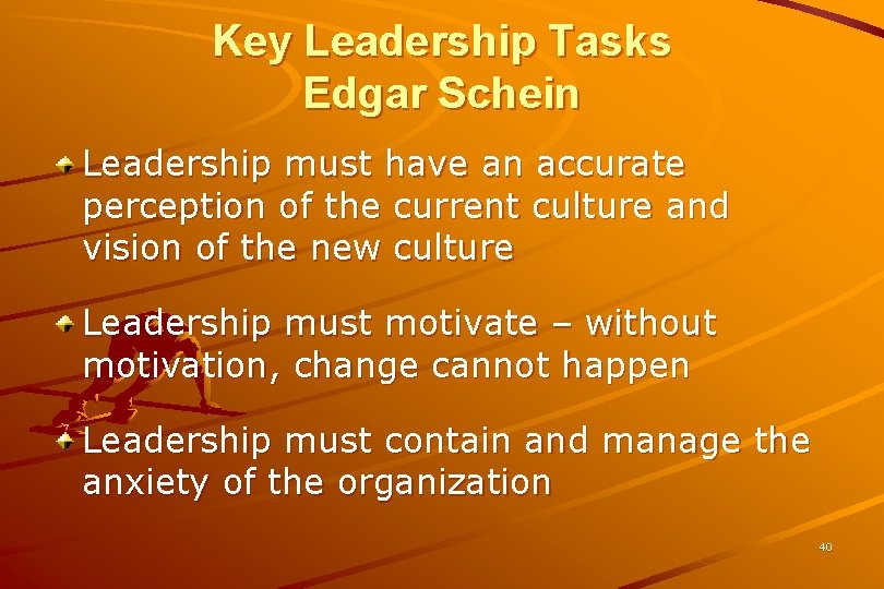 Key Leadership Tasks Edgar Schein Leadership must have an accurate perception of the current