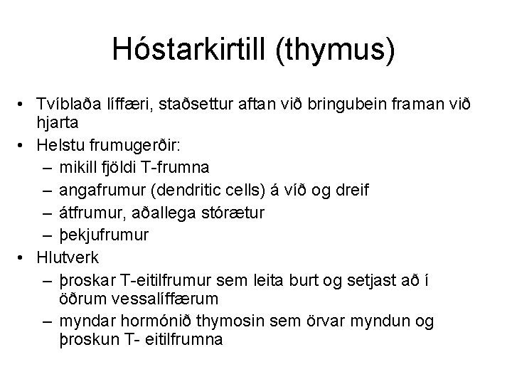 Hóstarkirtill (thymus) • Tvíblaða líffæri, staðsettur aftan við bringubein framan við hjarta • Helstu