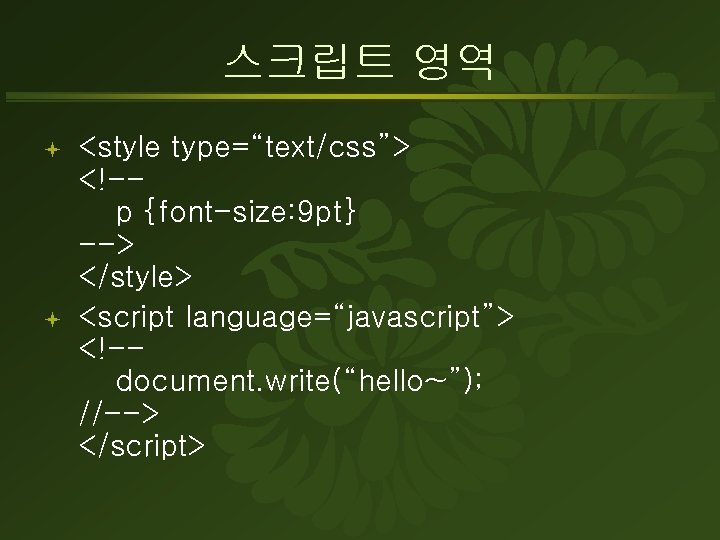 스크립트 영역 ª ª <style type=“text/css”> <!-p {font-size: 9 pt} --> </style> <script language=“javascript”>