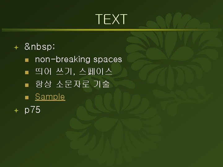 TEXT ª   n n ª non-breaking spaces 띄어 쓰기, 스페이스 항상 소문자로 기술