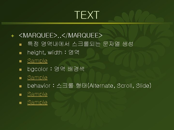 TEXT ª <MARQUEE>. . </MARQUEE> n n n n 특정 영역내에서 스크롤되는 문자열 생성