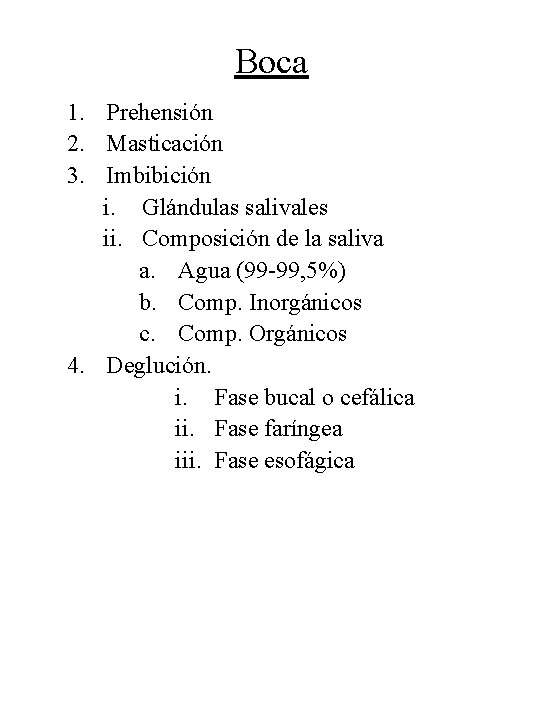 Boca 1. Prehensión 2. Masticación 3. Imbibición i. Glándulas salivales ii. Composición de la