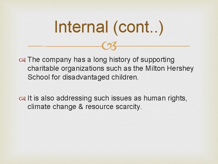 Internal (cont. . ) The company has a long history of supporting charitable organizations Internal (cont. . ) The company has a long history of supporting charitable organizations