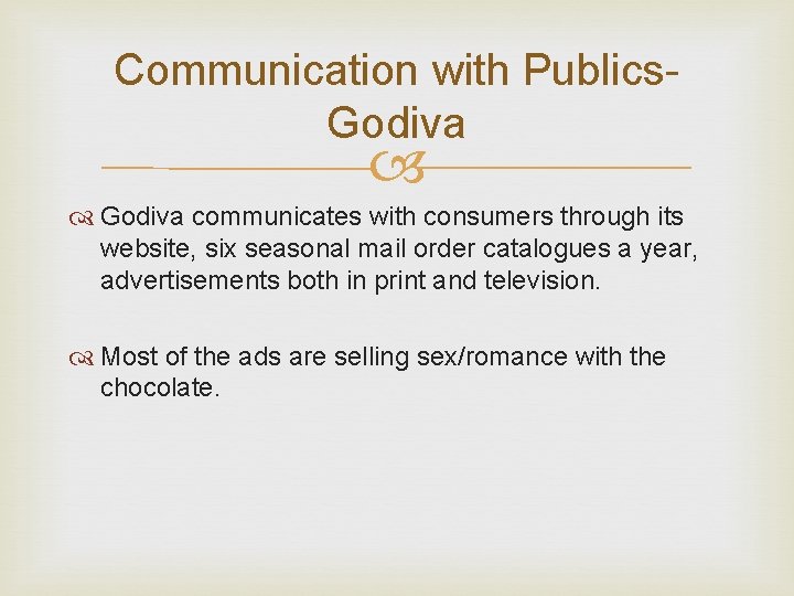 Communication with Publics. Godiva communicates with consumers through its website, six seasonal mail order Communication with Publics. Godiva communicates with consumers through its website, six seasonal mail order