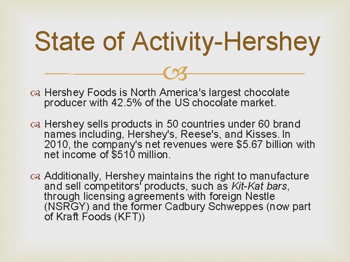 State of Activity-Hershey Foods is North America's largest chocolate producer with 42. 5% of State of Activity-Hershey Foods is North America's largest chocolate producer with 42. 5% of