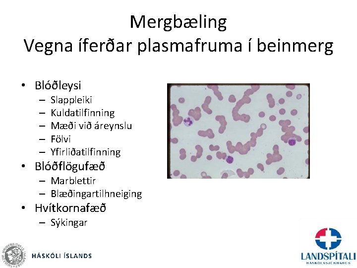 Mergbæling Vegna íferðar plasmafruma í beinmerg • Blóðleysi – – – Slappleiki Kuldatilfinning Mæði