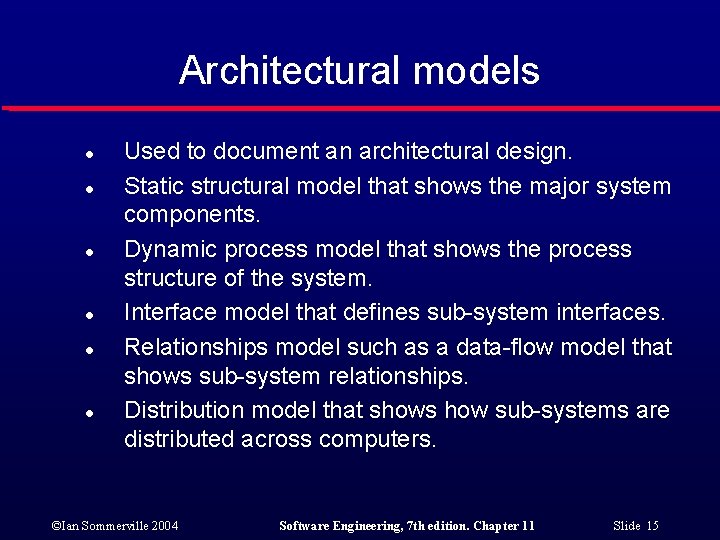 Architectural models l l l Used to document an architectural design. Static structural model