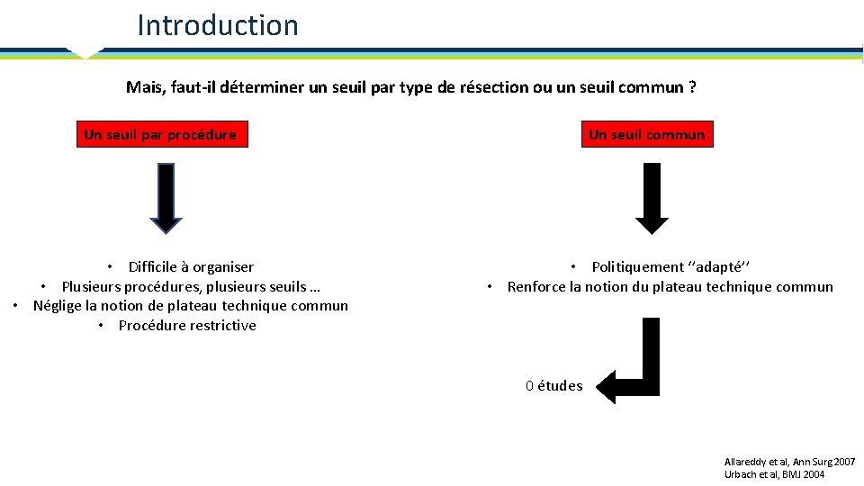 Introduction Mais, faut-il déterminer un seuil par type de résection ou un seuil commun