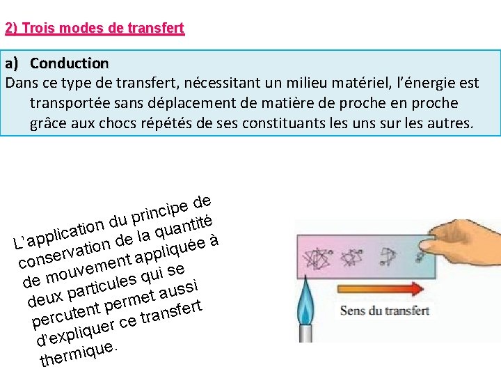 2) Trois modes de transfert a) Conduction Dans ce type de transfert, nécessitant un