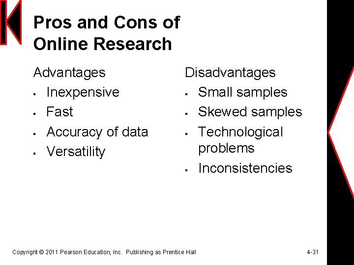 Pros and Cons of Online Research Advantages § Inexpensive § Fast § Accuracy of