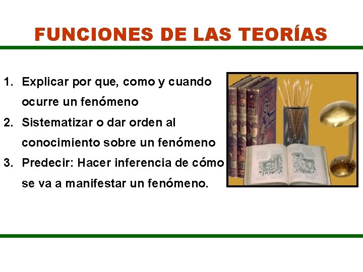 FUNCIONES DE LAS TEORÍAS 1. Explicar por que, como y cuando ocurre un fenómeno FUNCIONES DE LAS TEORÍAS 1. Explicar por que, como y cuando ocurre un fenómeno