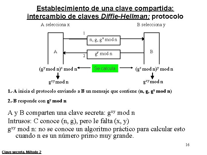 Establecimiento de una clave compartida: intercambio de claves Diffie-Hellman: protocolo A selecciona x B