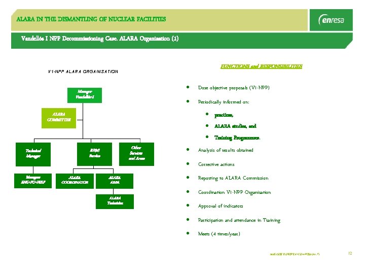 ALARA IN THE DISMANTLING OF NUCLEAR FACILITIES Vandellós I NPP Decommissioning Case. ALARA Organization