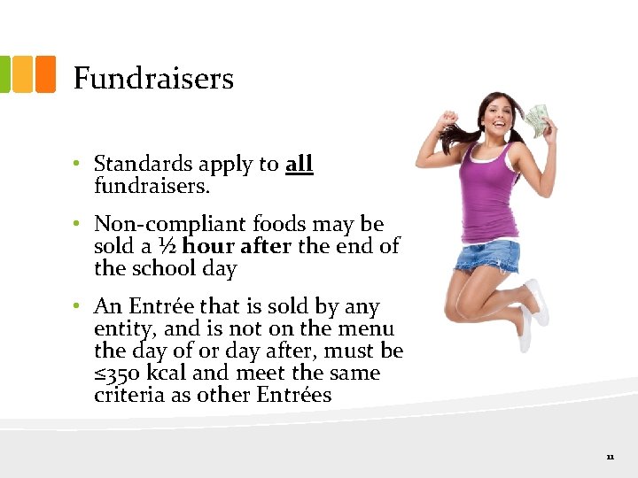 Fundraisers • Standards apply to all fundraisers. • Non-compliant foods may be sold a