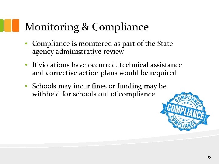 Monitoring & Compliance • Compliance is monitored as part of the State agency administrative