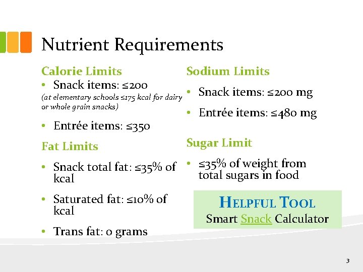 Nutrient Requirements Calorie Limits • Snack items: ≤ 200 (at elementary schools ≤ 175