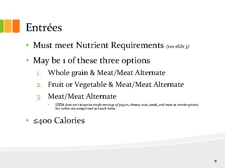 Entrées • Must meet Nutrient Requirements (see slide 3) • May be 1 of