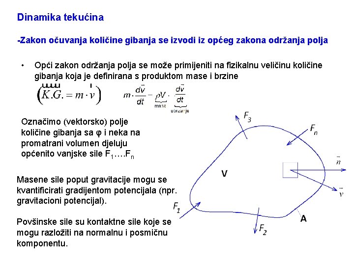 Dinamika tekućina -Zakon očuvanja količine gibanja se izvodi iz općeg zakona održanja polja •