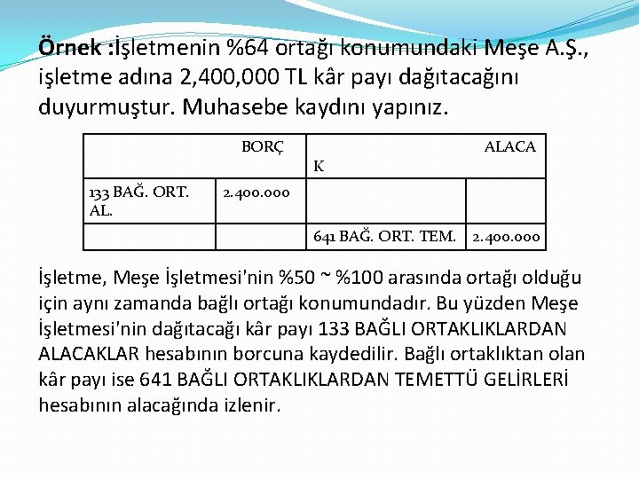 Örnek : İşletmenin %64 ortağı konumundaki Meşe A. Ş. , işletme adına 2, 400,