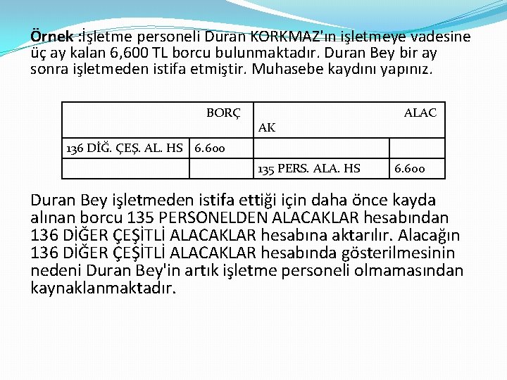 Örnek : İşletme personeli Duran KORKMAZ'ın işletmeye vadesine üç ay kalan 6, 600 TL