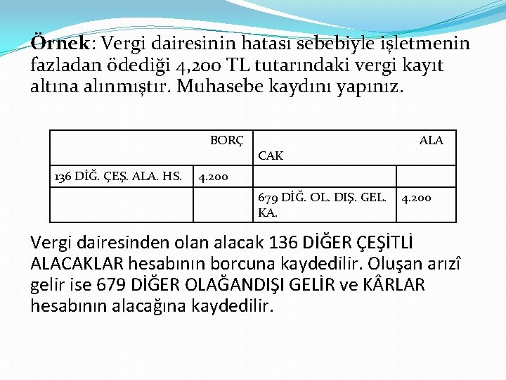 Örnek: Vergi dairesinin hatası sebebiyle işletmenin fazladan ödediği 4, 200 TL tutarındaki vergi kayıt
