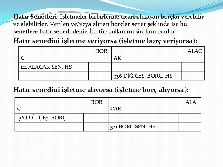 Hatır Senetleri: İşletmeler birbirlerine ticarî olmayan borçlar verebilir ve alabilirler. Verilen ve/veya alınan borçlar