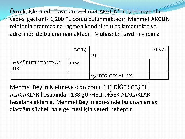 Örnek: İşletmeden ayrılan Mehmet AKGÜN'ün işletmeye olan vadesi gecikmiş 1, 200 TL borcu bulunmaktadır.