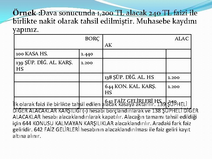 Örnek : Dava sonucunda 1, 200 TL alacak 240 TL faizi ile birlikte nakit