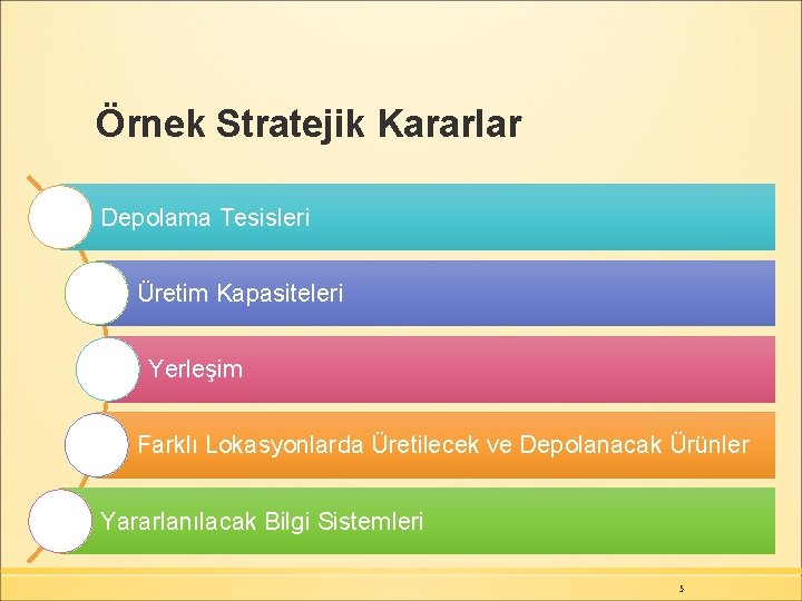 Örnek Stratejik Kararlar Depolama Tesisleri Üretim Kapasiteleri Yerleşim Farklı Lokasyonlarda Üretilecek ve Depolanacak Ürünler