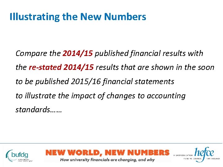 Illustrating the New Numbers Compare the 2014/15 published financial results with the re-stated 2014/15