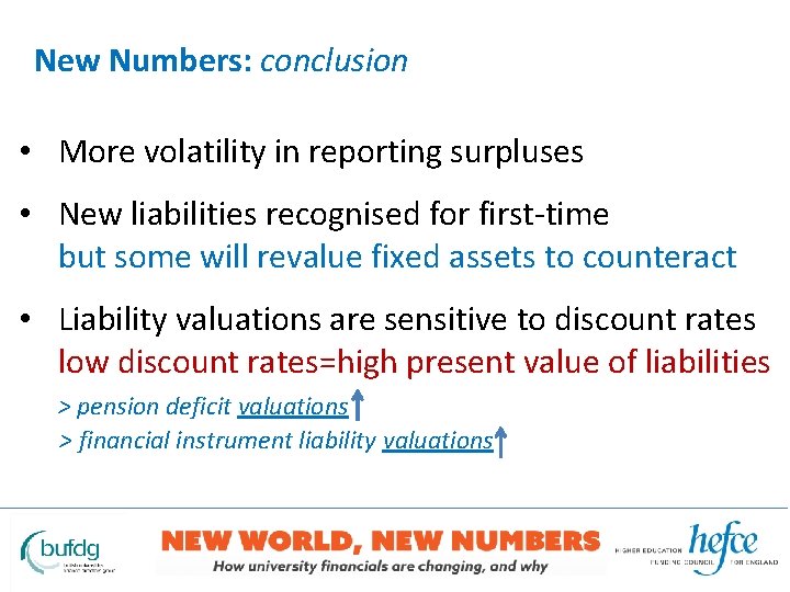New Numbers: conclusion • More volatility in reporting surpluses • New liabilities recognised for