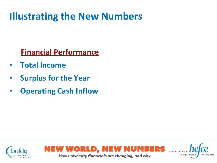 Illustrating the New Numbers Financial Performance • Total Income • Surplus for the Year