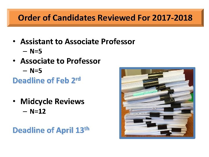 Order of Candidates Reviewed For 2017 -2018 • Assistant to Associate Professor – N=5