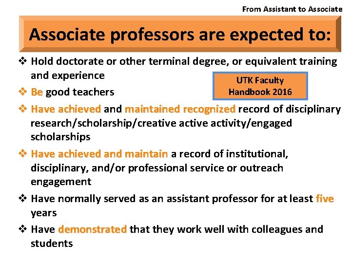 From Assistant to Associate professors are expected to: v Hold doctorate or other terminal