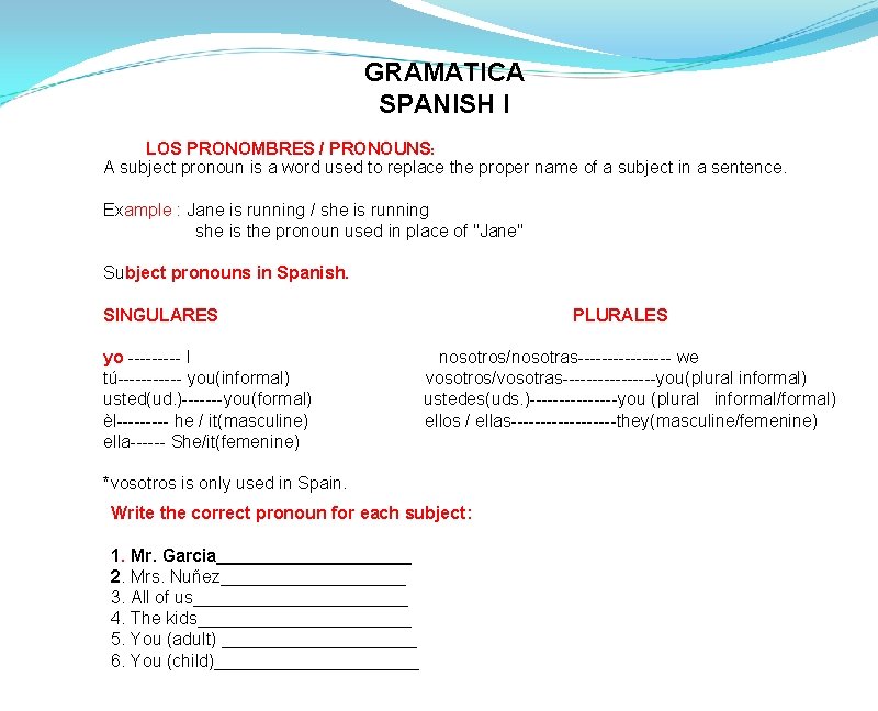 GRAMATICA SPANISH I LOS PRONOMBRES / PRONOUNS: A subject pronoun is a word used