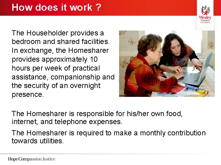 How does it work ? The Householder provides a bedroom and shared facilities. In