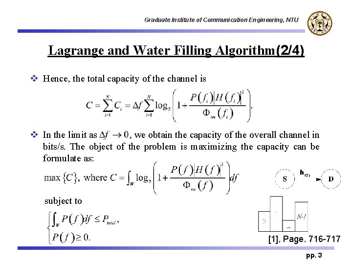 Graduate Institute of Communication Engineering, NTU Lagrange and Water Filling Algorithm(2/4) v Hence, the