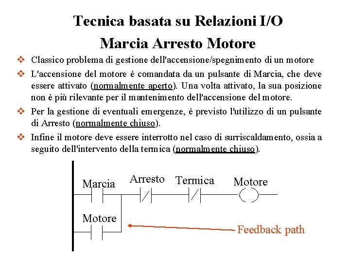Tecnica basata su Relazioni I/O Marcia Arresto Motore v Classico problema di gestione dell'accensione/spegnimento Tecnica basata su Relazioni I/O Marcia Arresto Motore v Classico problema di gestione dell'accensione/spegnimento
