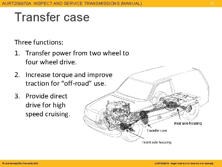 AURT 206670 A INSPECT AND SERVICE TRANSMISSIONS (MANUAL) 17 Transfer case Three functions: 1.
