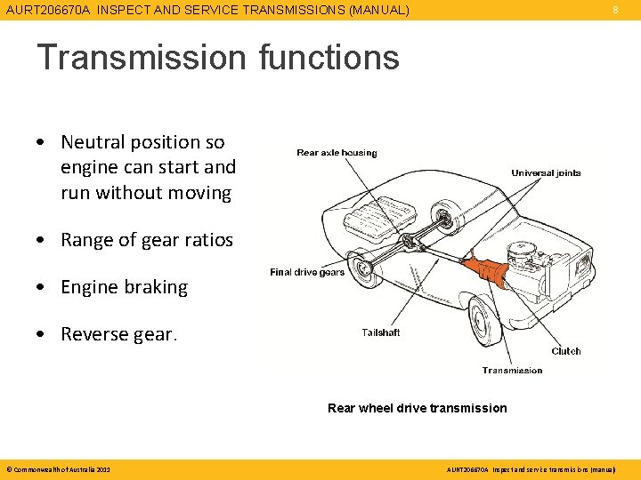 AURT 206670 A INSPECT AND SERVICE TRANSMISSIONS (MANUAL) 8 Transmission functions • Neutral position