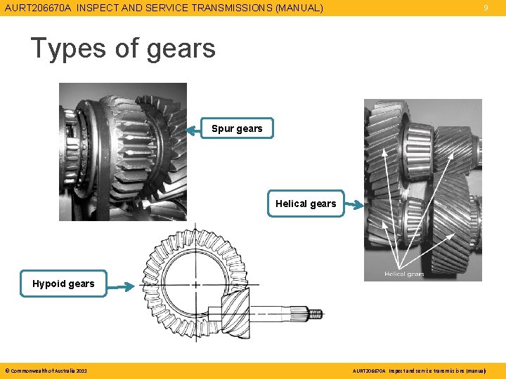 AURT 206670 A INSPECT AND SERVICE TRANSMISSIONS (MANUAL) 9 Types of gears Spur gears