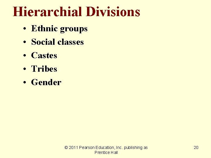 Hierarchial Divisions • • • Ethnic groups Social classes Castes Tribes Gender © 2011