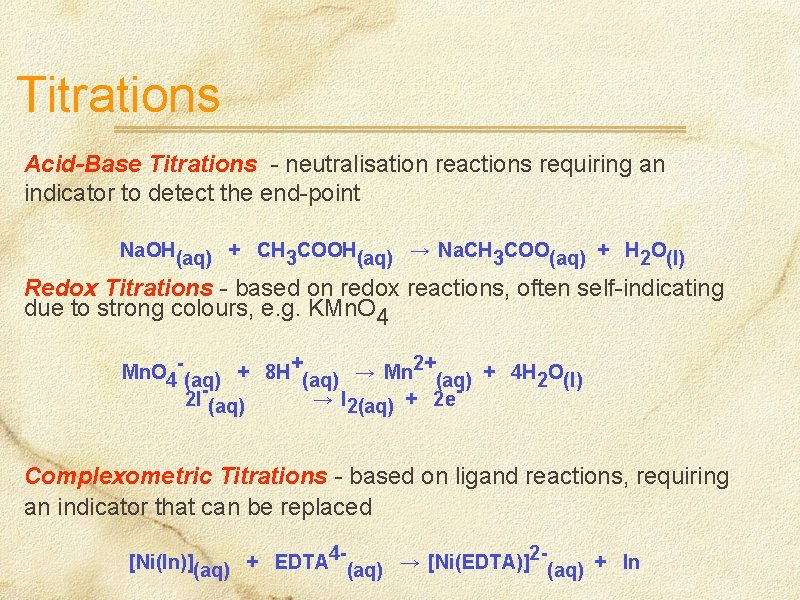 Titrations Acid-Base Titrations - neutralisation reactions requiring an indicator to detect the end-point Na.