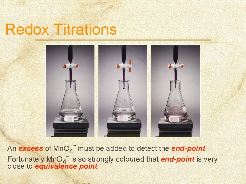 Redox Titrations An excess of Mn. O 4 - must be added to detect