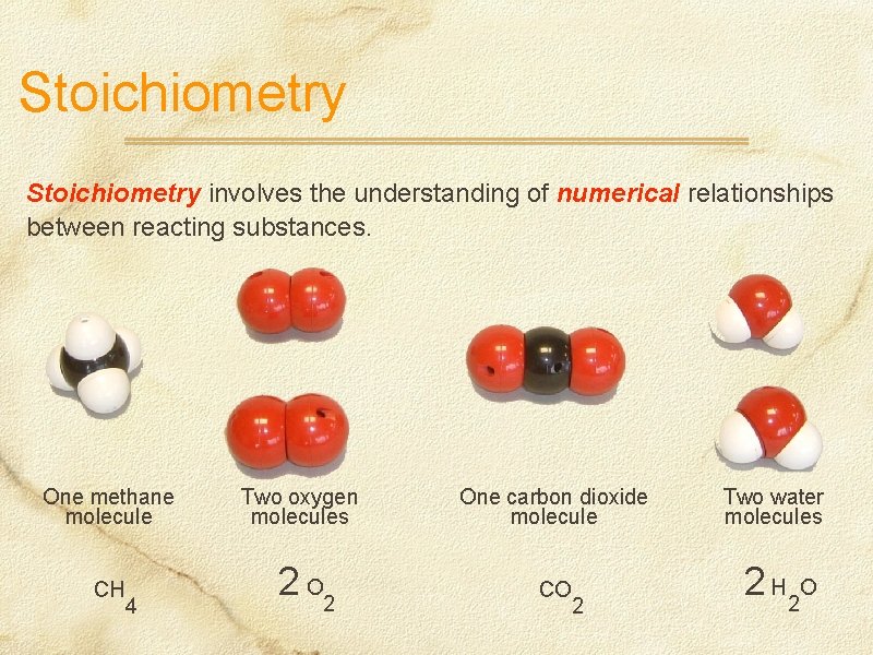 Stoichiometry involves the understanding of numerical relationships between reacting substances. One methane molecule CH