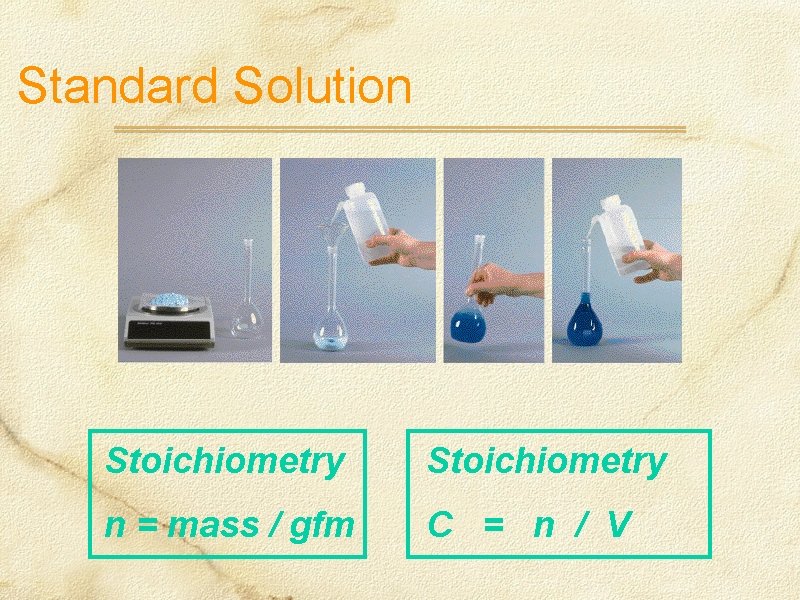 Standard Solution Stoichiometry n = mass / gfm C = n / V 